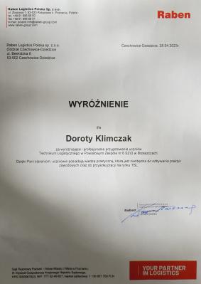 Wyróżnienie od Raben Logistics Polska Sp. z o.o.