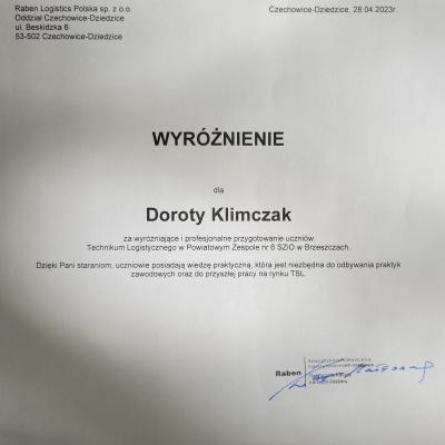 Wyróżnienie od Raben Logistics Polska Sp. z o.o.